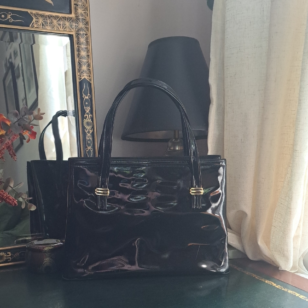 Crown Lewis Black Patent Leather Purse with Gold Accents